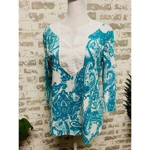Ralph Lauren M Blue White Paisley Print Tunic Top Cotton 3/4 Sleeve Blouse